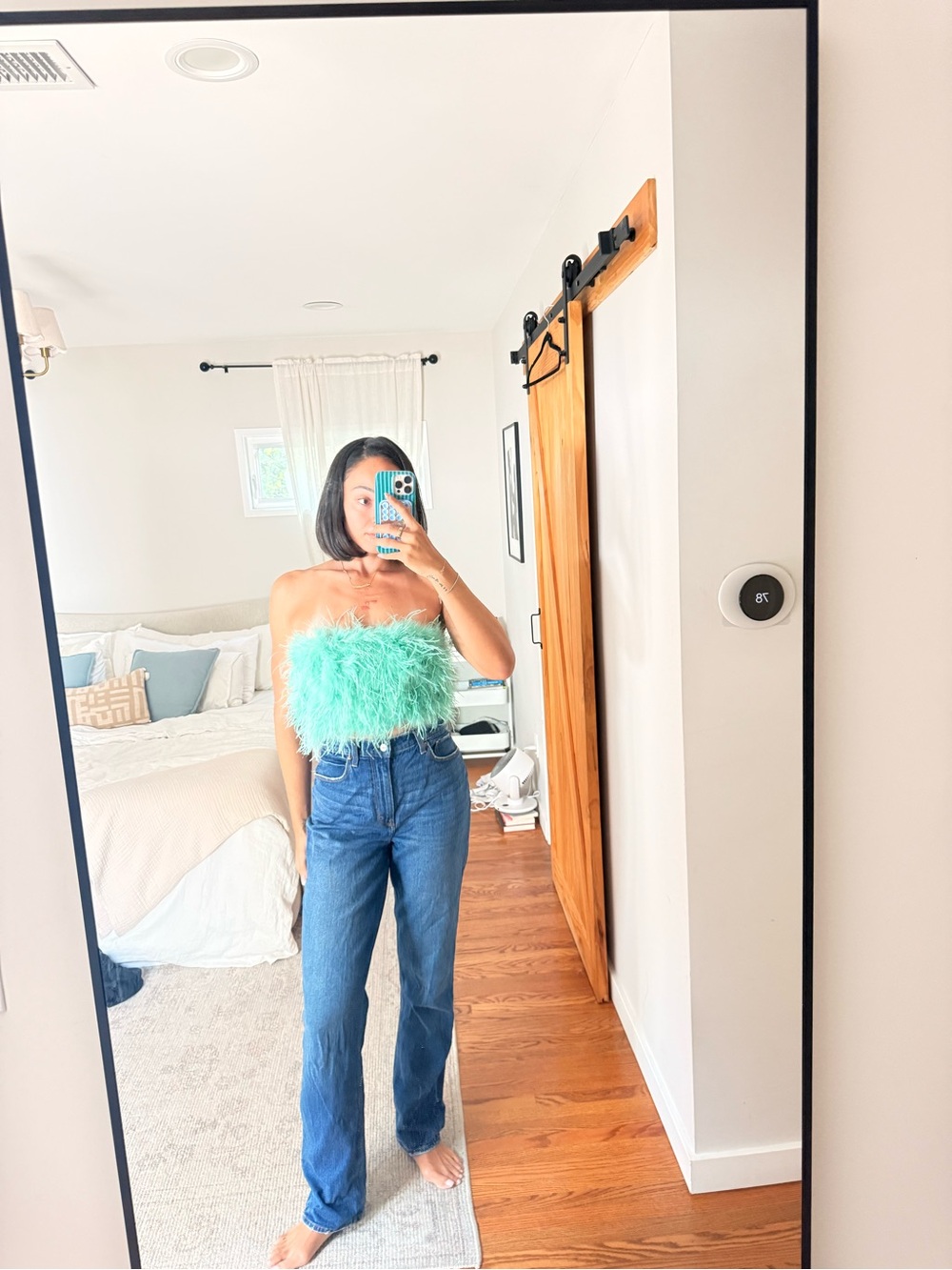 Club L London Feathered Strapless Crop Top - Mint Green